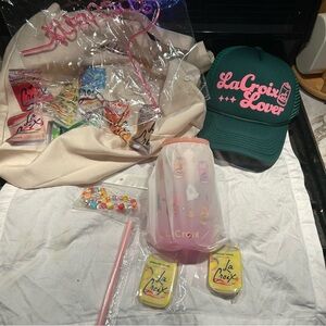 La Croix Glass Tumbler , hat , pop sockets , phone charm , straw , and tote